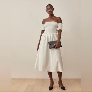 Smocked off Shoulder Reformation Dress I’m Off-White